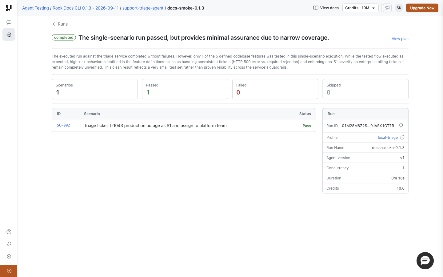 Hosted completed run with one passed scenario, profile information, and a link to the scenario result