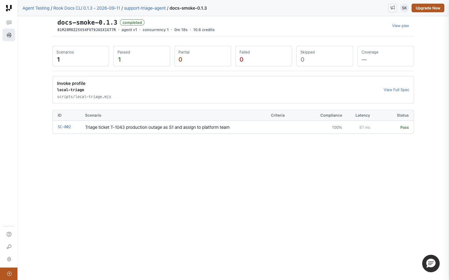 Completed docs-smoke-0.1.3 run with one passed scenario, unavailable coverage, the local-triage profile, and its result row
