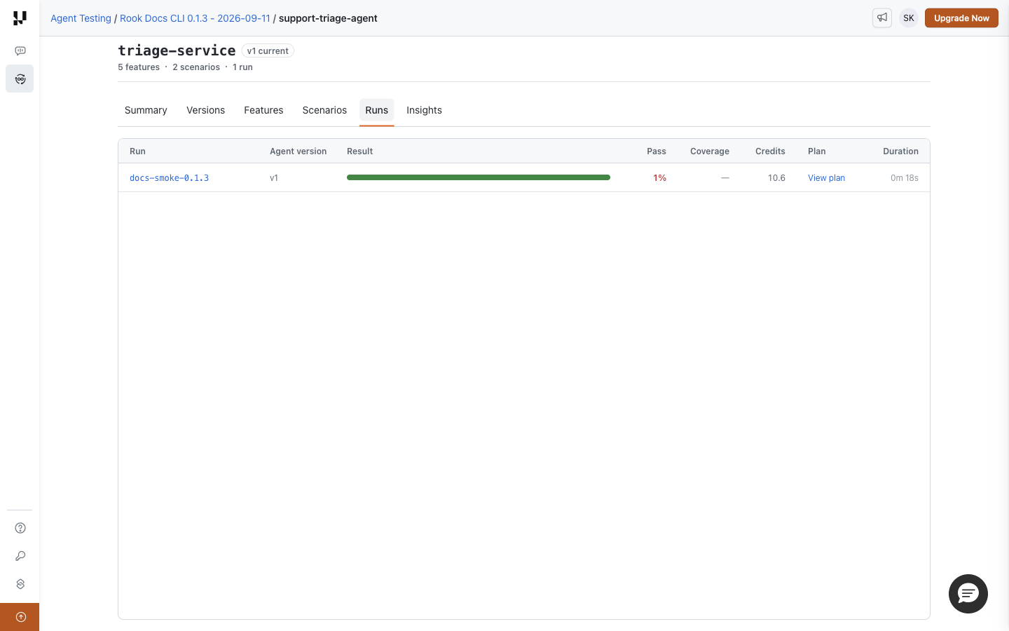 Rook Runs table with the docs-smoke-0.1.3 execution, version 1, result bar, pass percentage, coverage, credits, plan, and duration