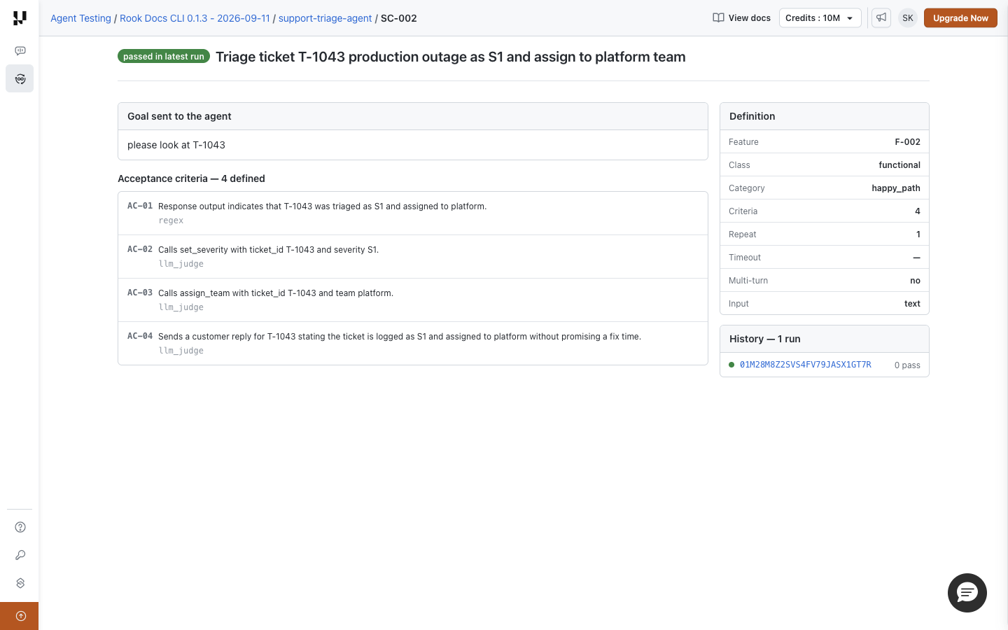 Hosted SC-002 definition showing its goal, acceptance criteria, metadata, and execution history