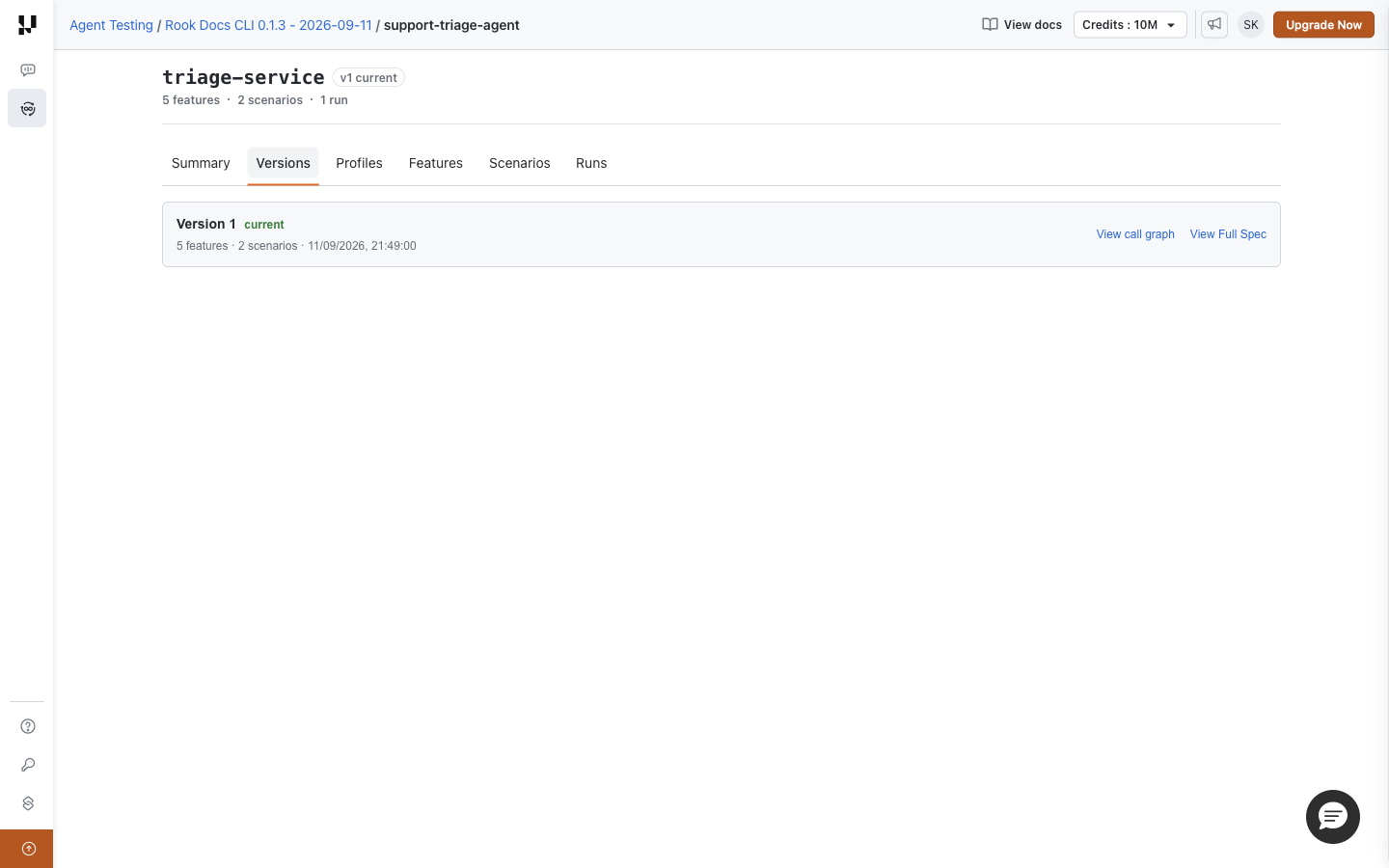 Hosted Versions page showing the recorded agent version, feature and scenario counts, and specification links