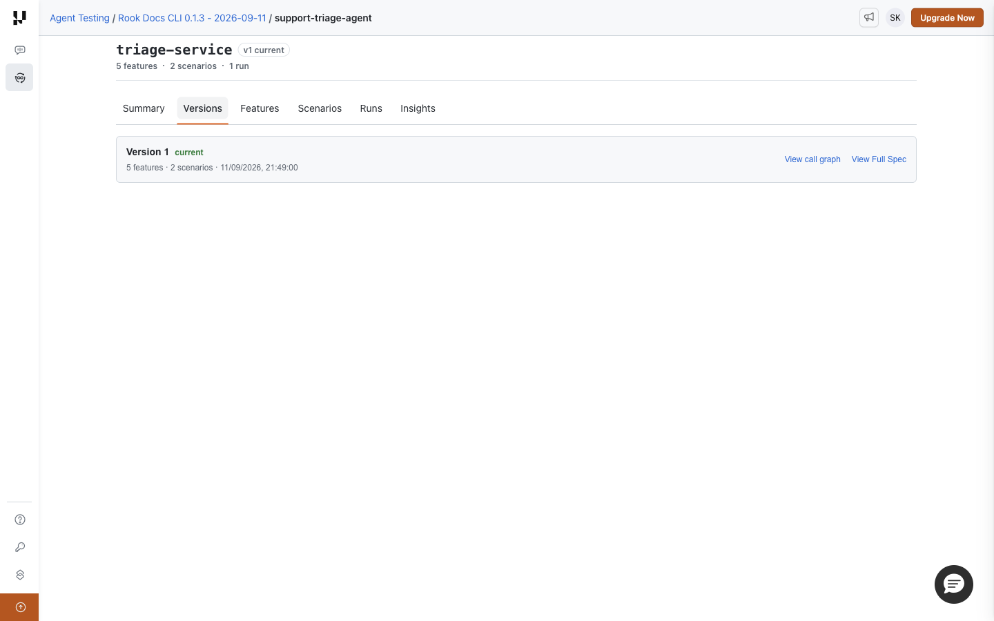 Rook Versions tab with the current version, feature and scenario counts, timestamp, View call graph, and View Full Spec