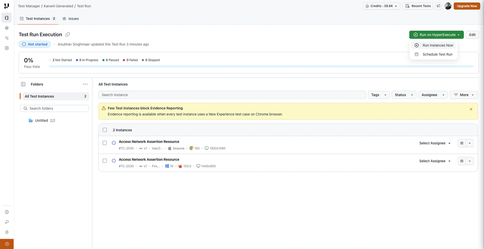 Saved test run page with the Run on HyperExecute menu open showing Run Instances Now and Schedule Test Run