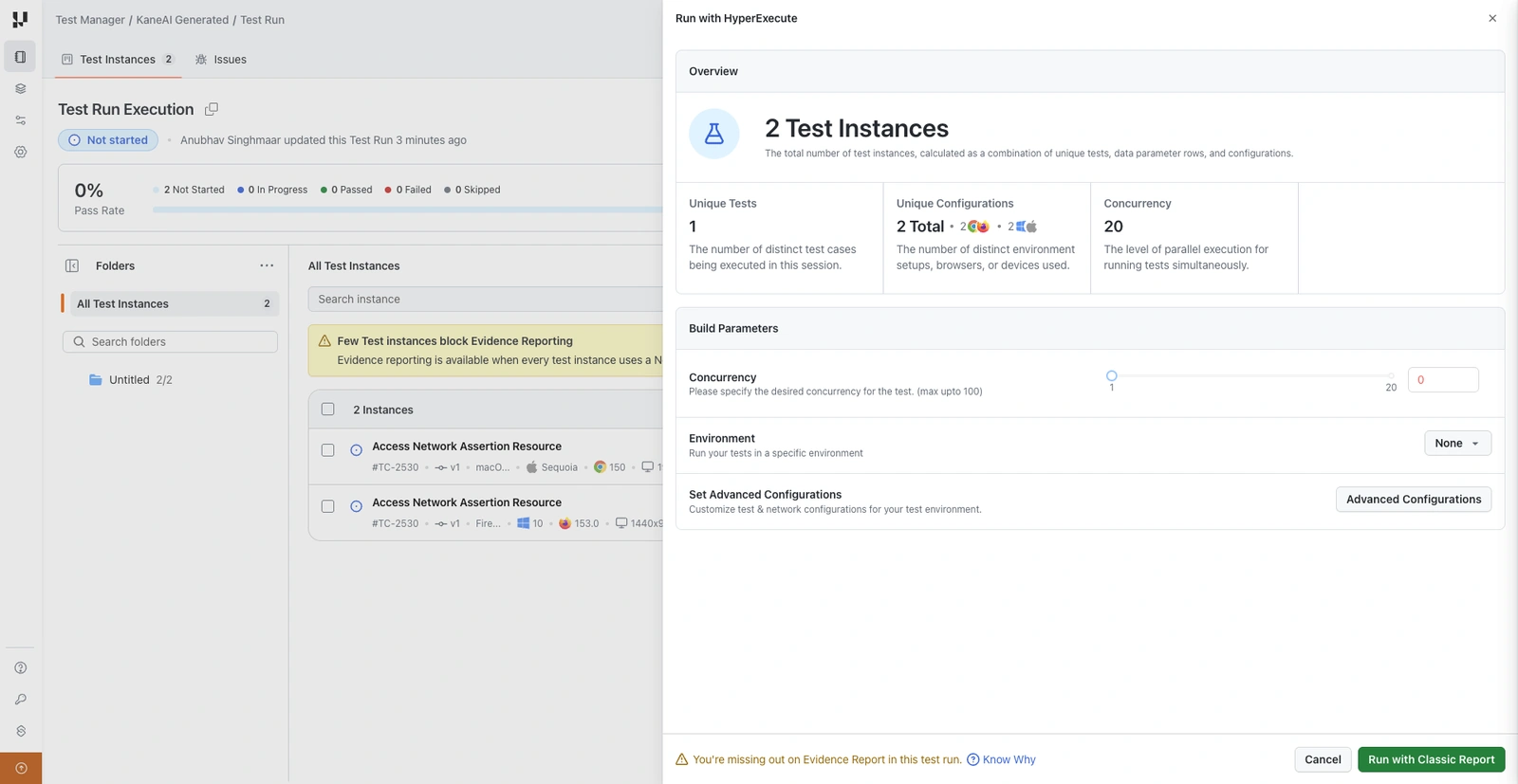 Run with HyperExecute panel showing the instance overview, build parameters, and the Run with Classic Report button