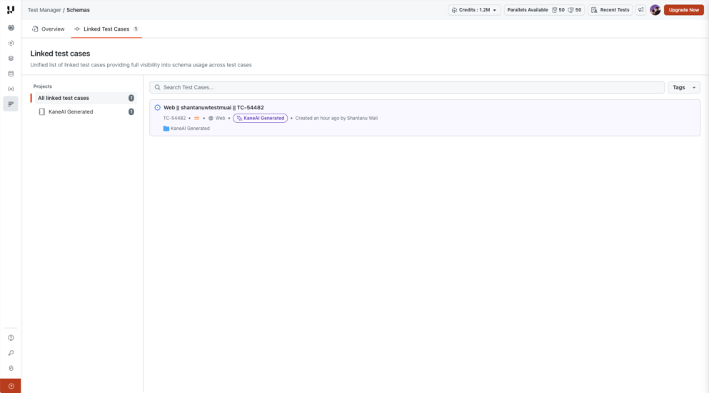 Linked Test Cases tab showing schema usage with project, search, and tag filters