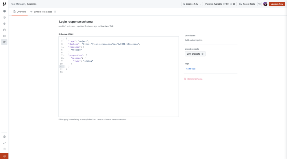 Schema Overview tab with editable JSON, description, linked projects, tags, and Delete Schema