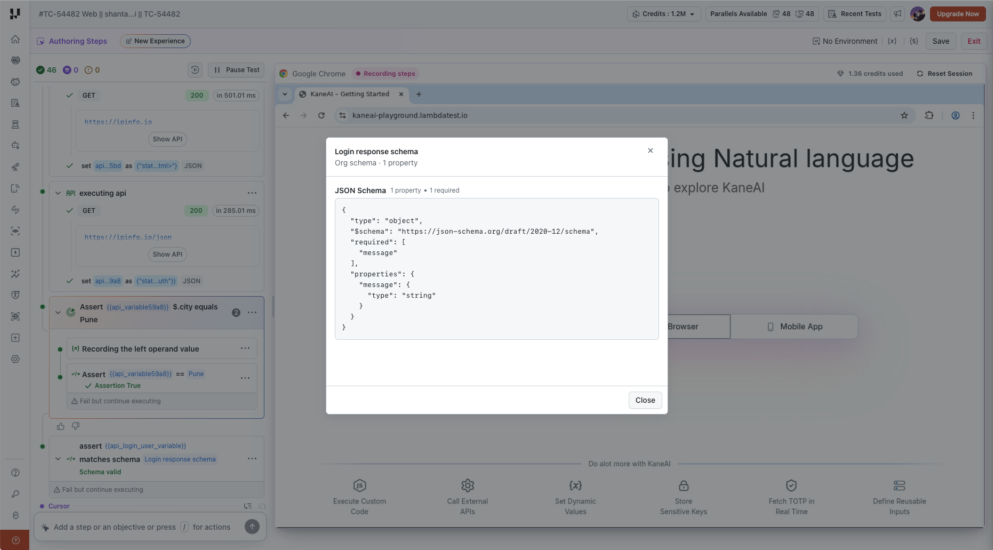 Saved schema preview opened from an assertion step that reports Schema valid