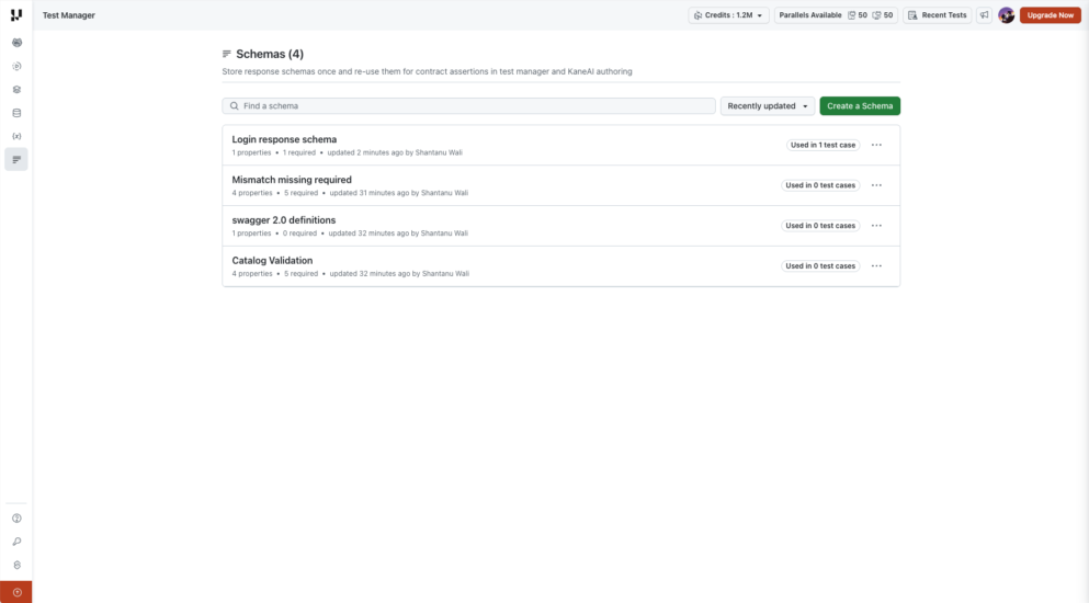 Schemas list with Find a schema, sorting, Create a Schema, and usage counts for saved schemas