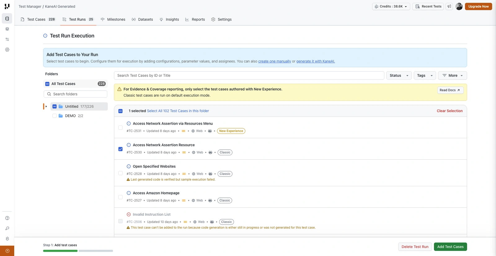 Test case selection list showing New Experience and Classic labels and the Evidence and Coverage banner