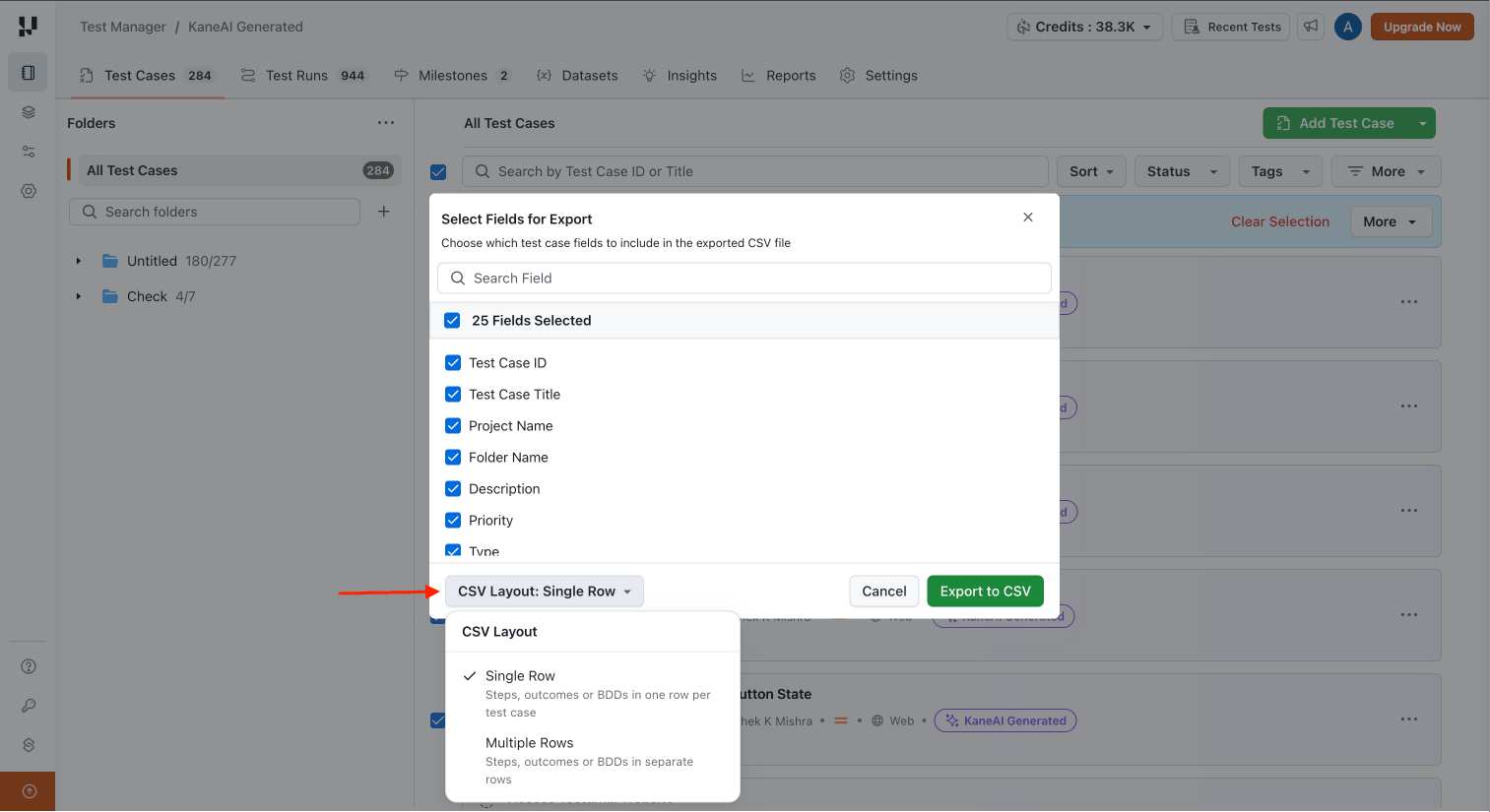 export test cases - field selection