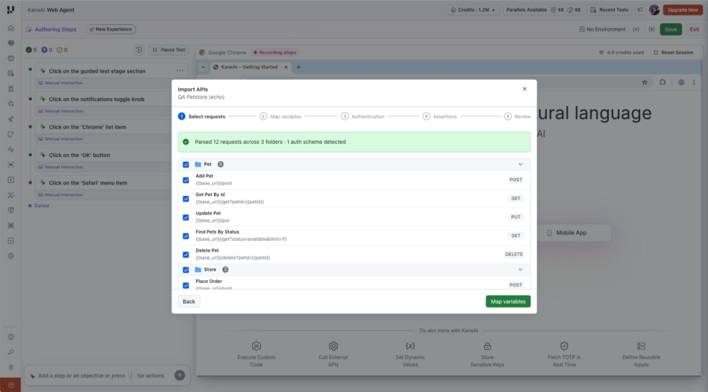 Select requests step with folder and individual request checkboxes