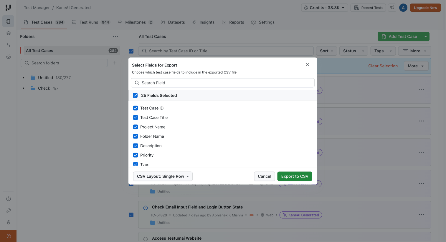 export test cases - field selection