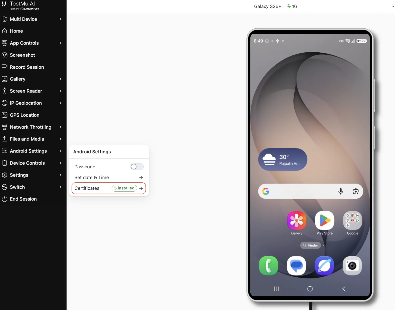 Open Certificates from Android Settings in the session sidebar