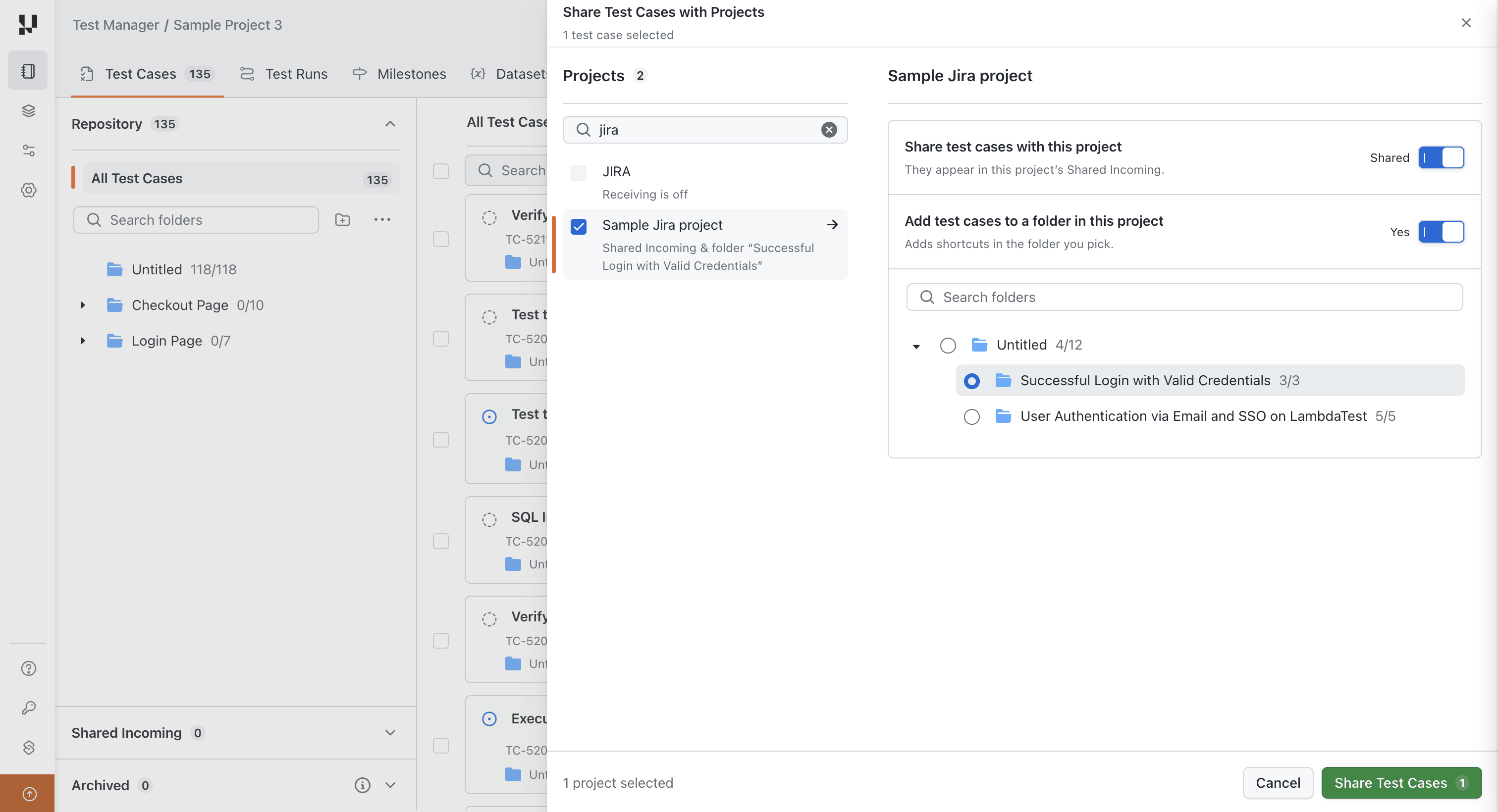 Choosing a folder in the receiving project for the shared test cases