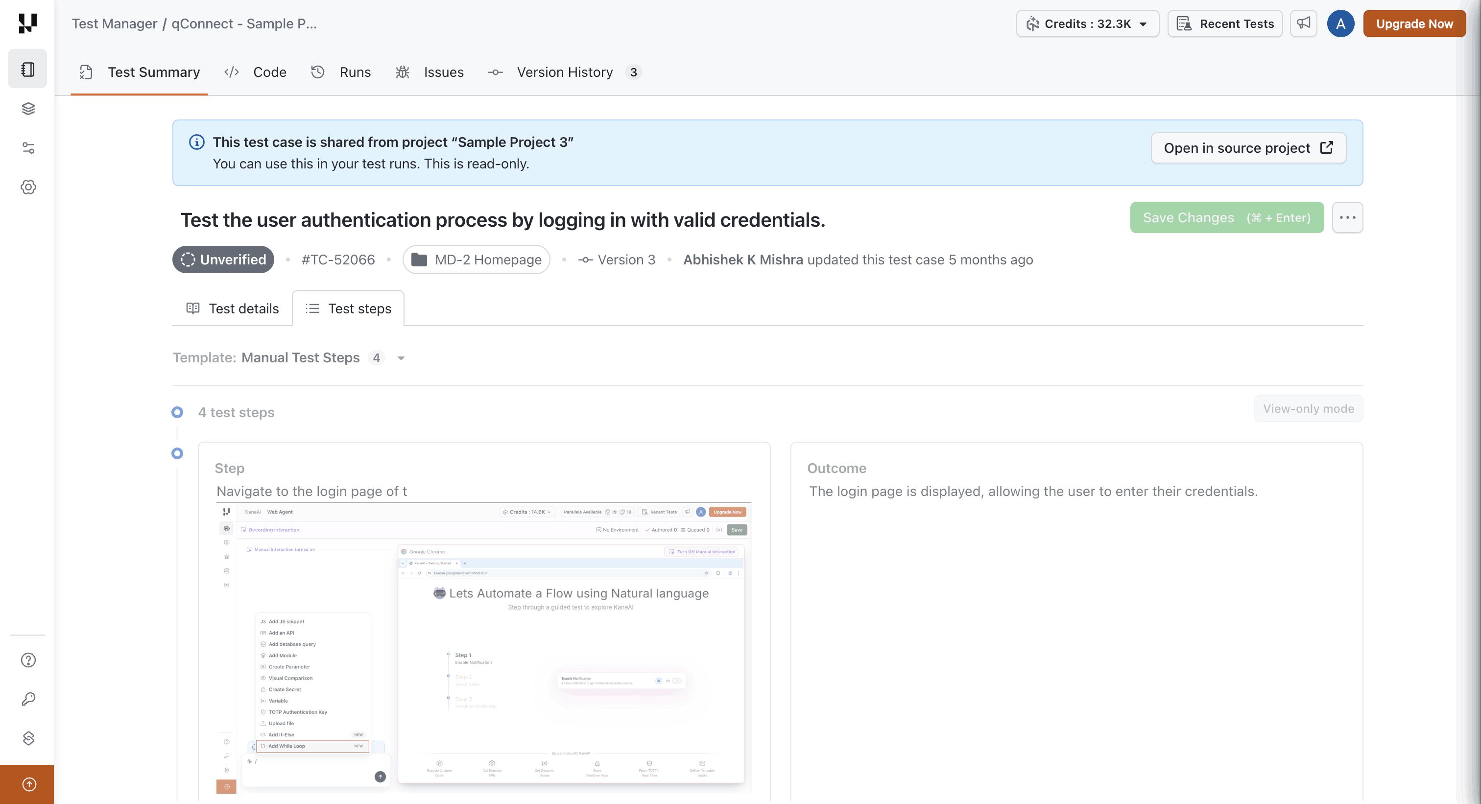 Read-only summary of a shared test case in a receiving project, naming its source project