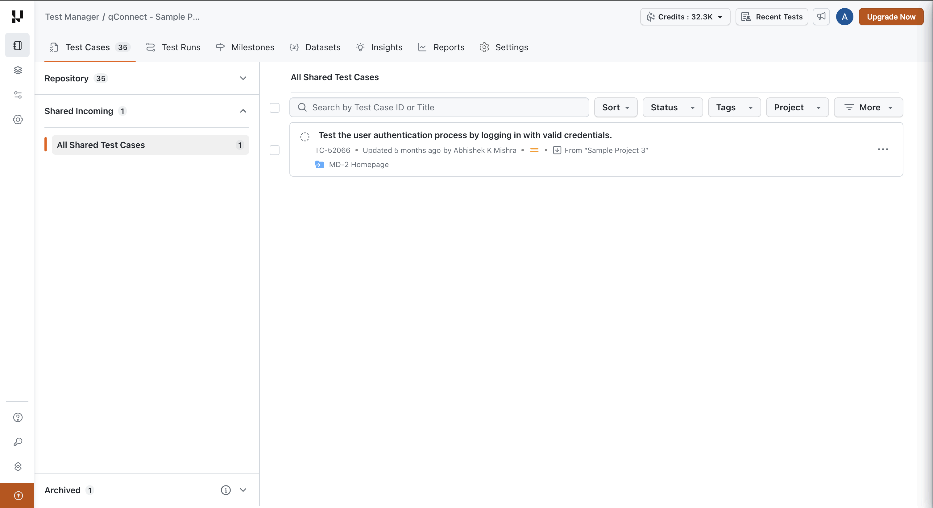 Shared Incoming list in the receiving project, showing the project each test case is shared from