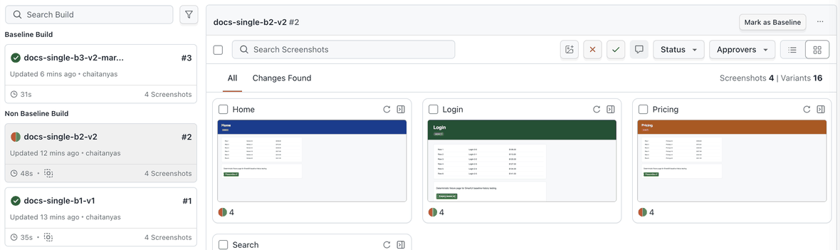 Build list in a Single Baseline project split into a Baseline Build section and a Non Baseline Build section, with a Mark as Baseline action on the selected build