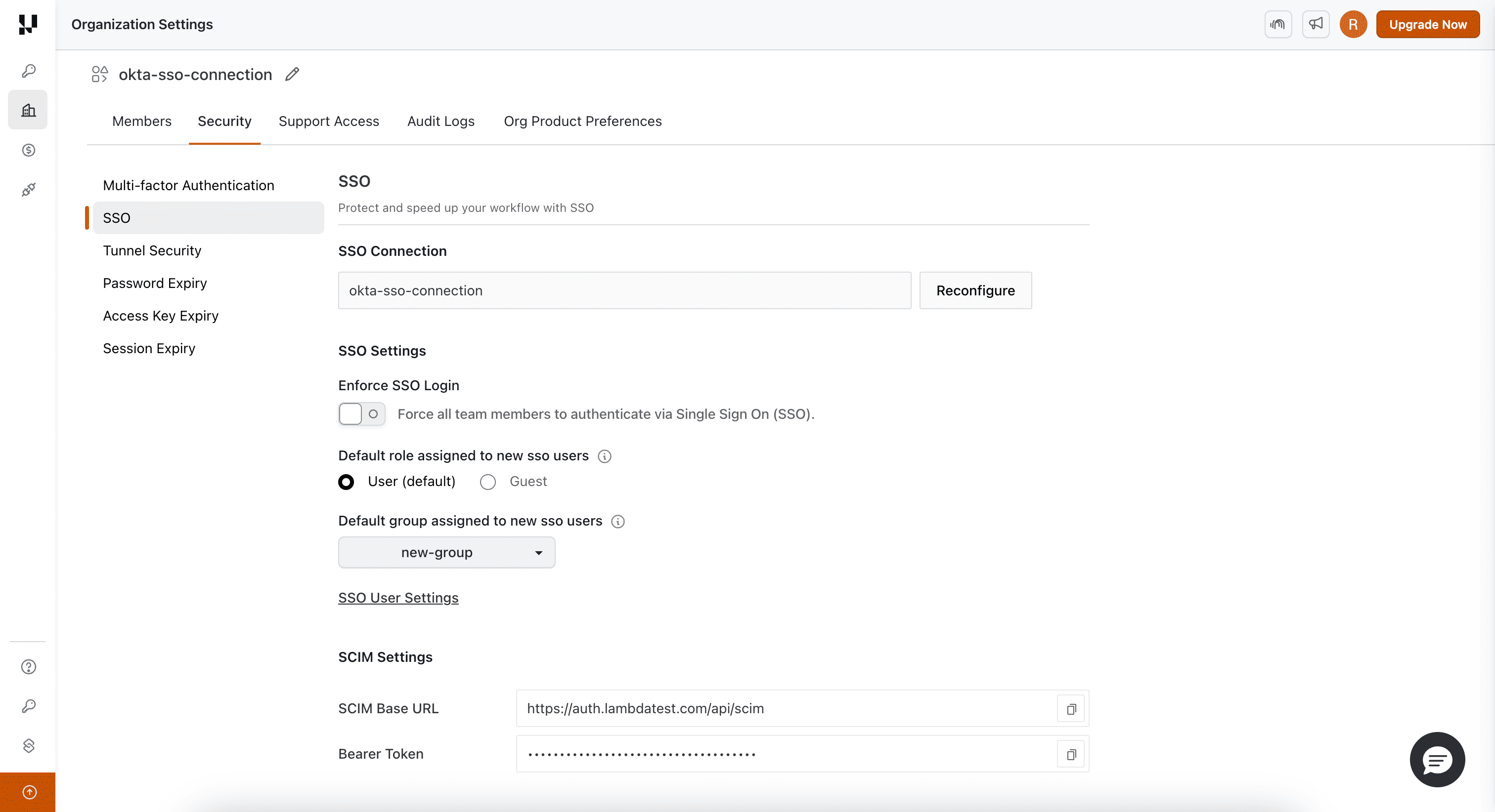Default group assigned to new SSO users dropdown on the SSO settings page