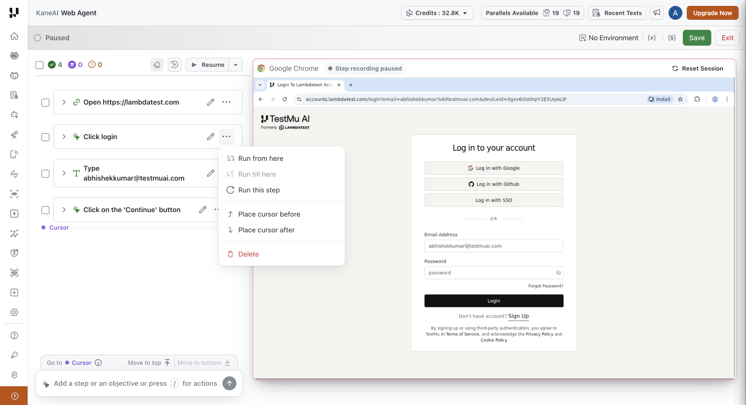 Step overflow menu showing the run and cursor placement actions