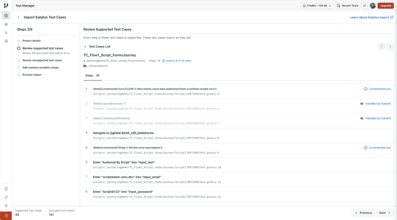 Supported test case detail showing translated steps, commented steps, and operations handled by KaneAI