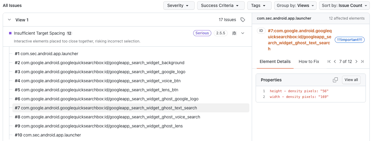 Tagged issue shown in the accessibility dashboard