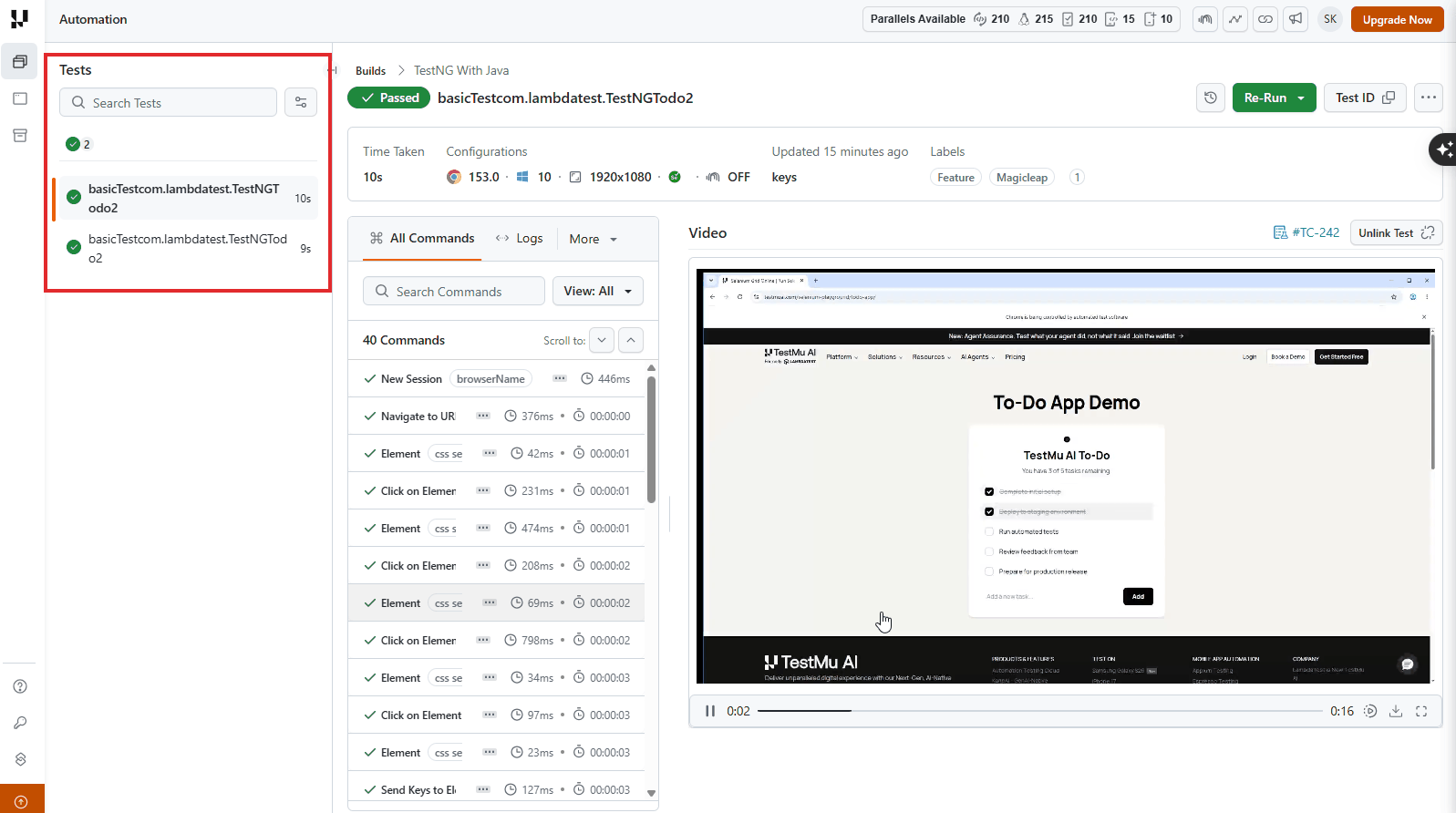 Test list panel with filters