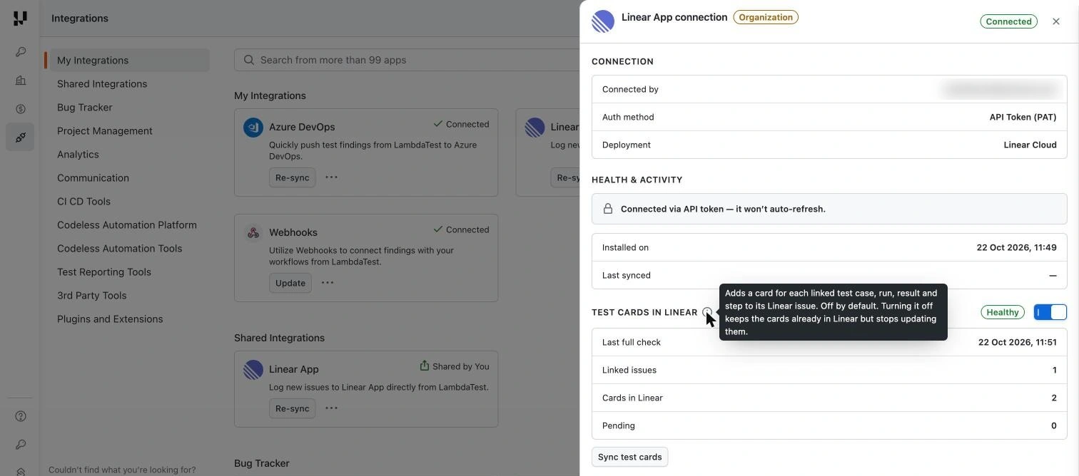 Linear App connection details with Test cards in Linear turned on and Healthy