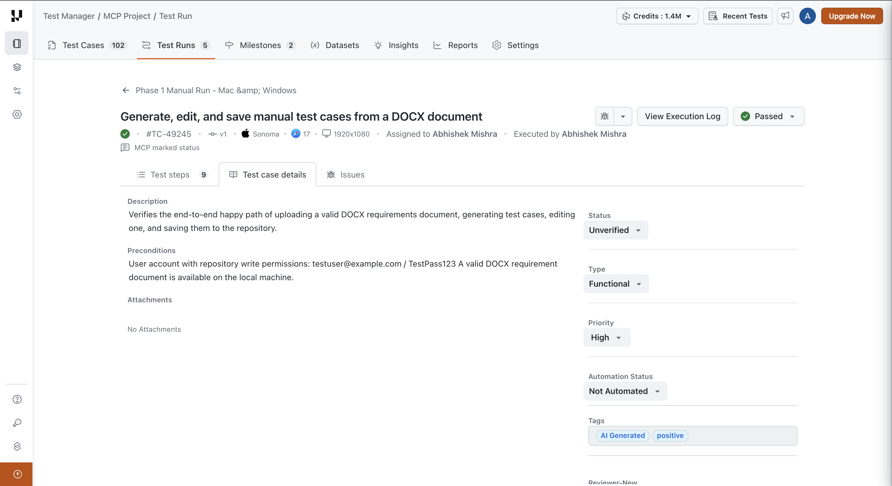 Test case details tab on a manual test instance