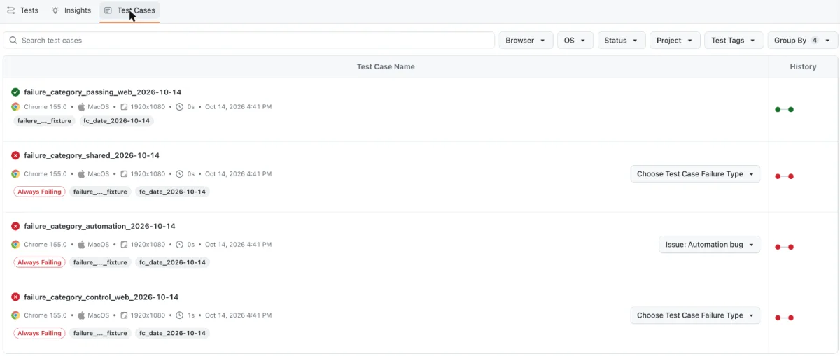 Test Cases tab on the automation build page