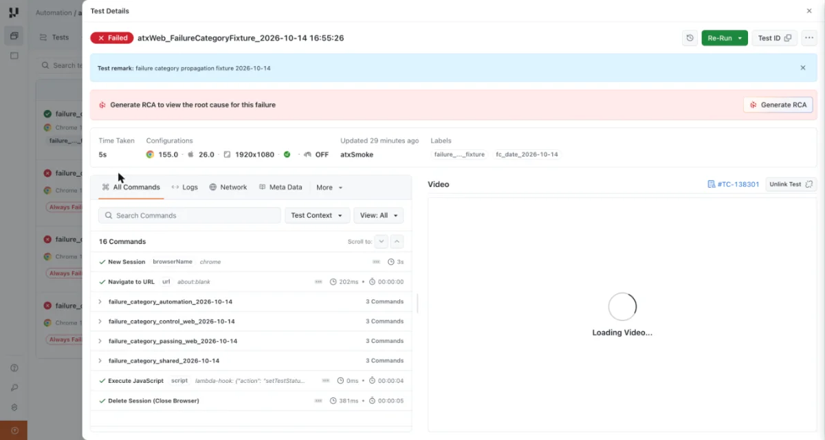 Test Details drawer opened from the Test Cases tab