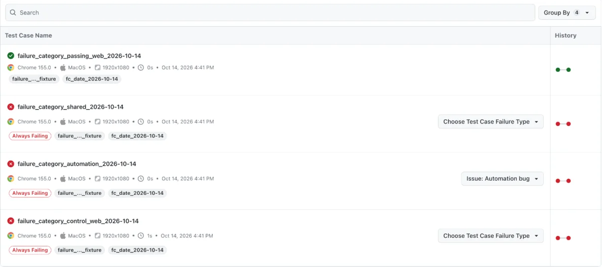 Build Insights Tests tab listing test cases with history