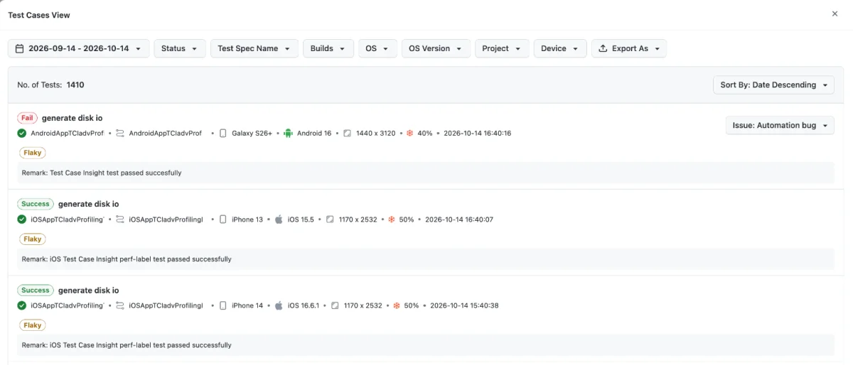 Test Cases View drilldown with OS Version and Device filters