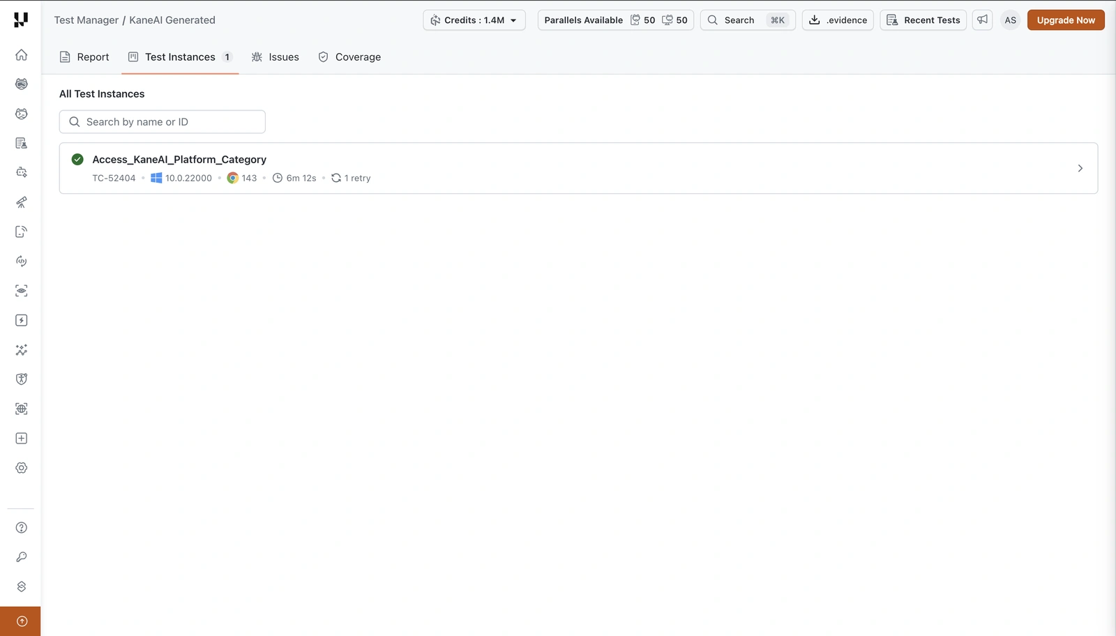 Test Instances tab listing a passed instance with its test case ID, OS, browser version, duration, and one retry