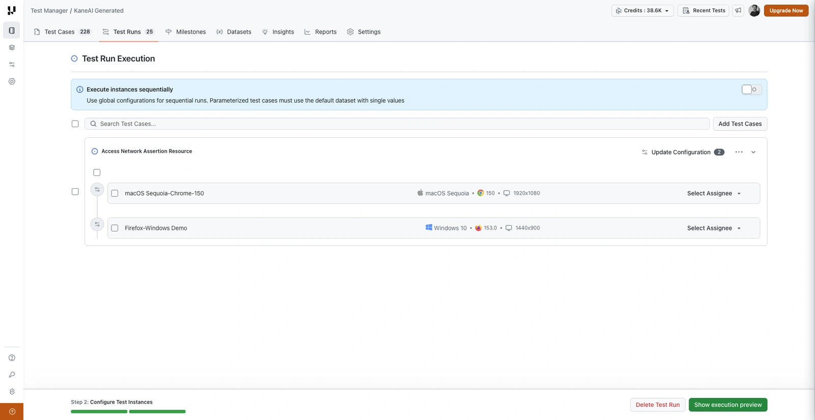 Test instances expanded to show the configurations attached to a test case
