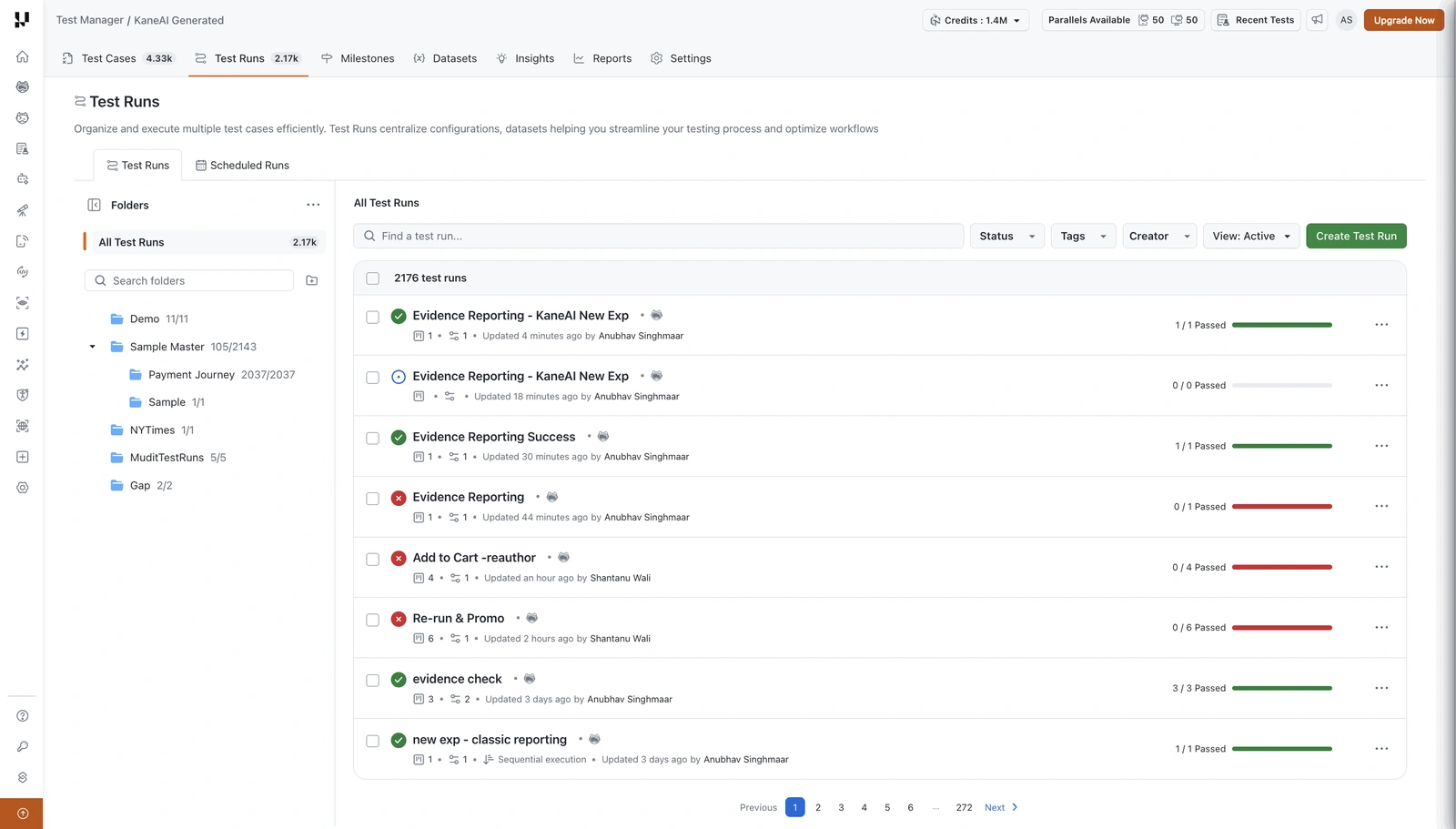 Test Runs list in Test Manager showing runs executed with Evidence Reporting
