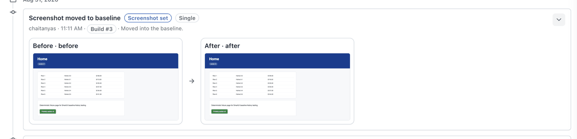 Expanded Screenshot moved to baseline event in Baseline History showing the previous baseline image on the left and the promoted image on the right, with the actor, time and build