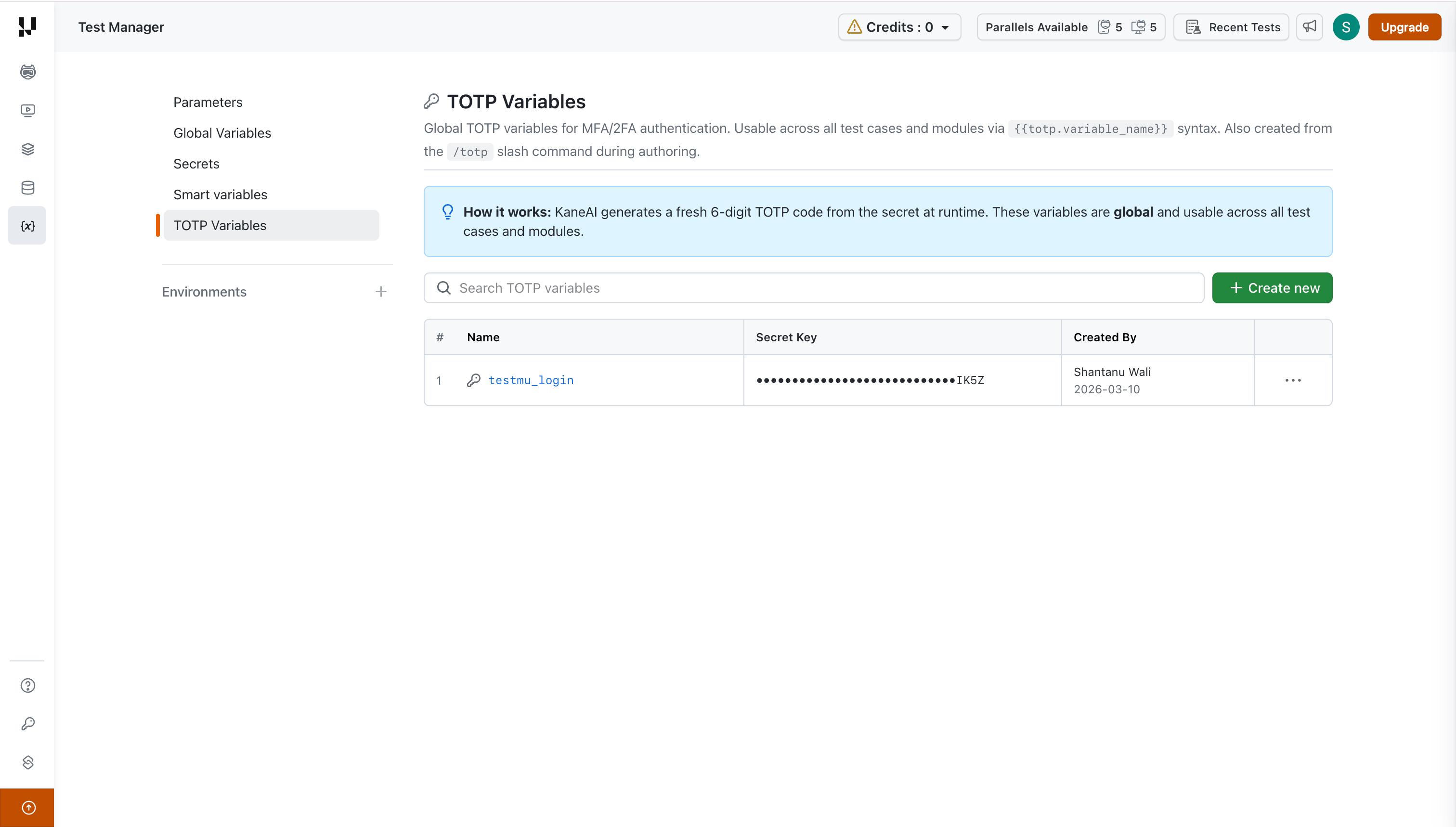 TOTP Variables page in Test Manager