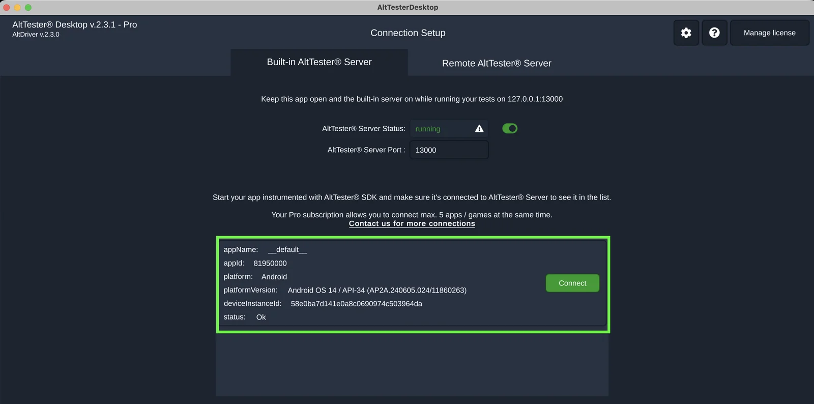 LT tunnel forwarding the AltTester WebSocket connection to port 13000 on the TestMu AI cloud device