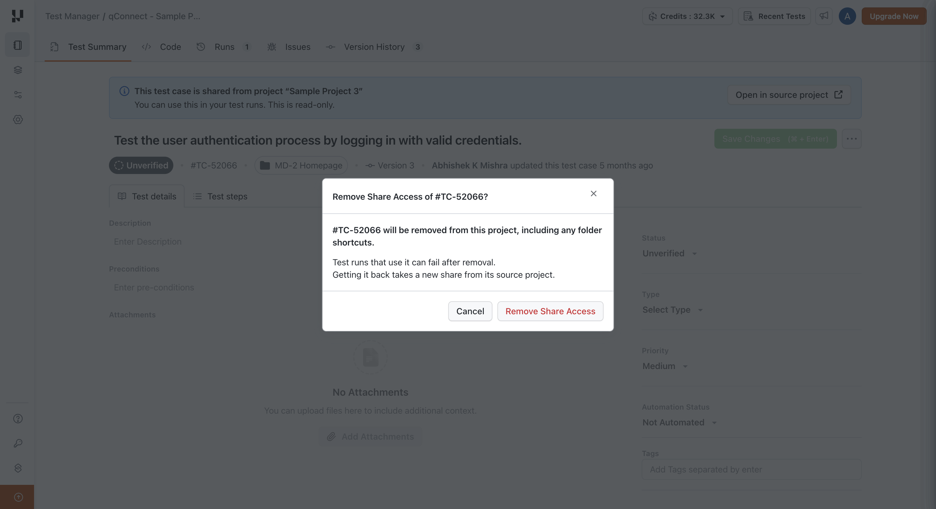 Confirmation before unsharing a test case, showing the affected test runs