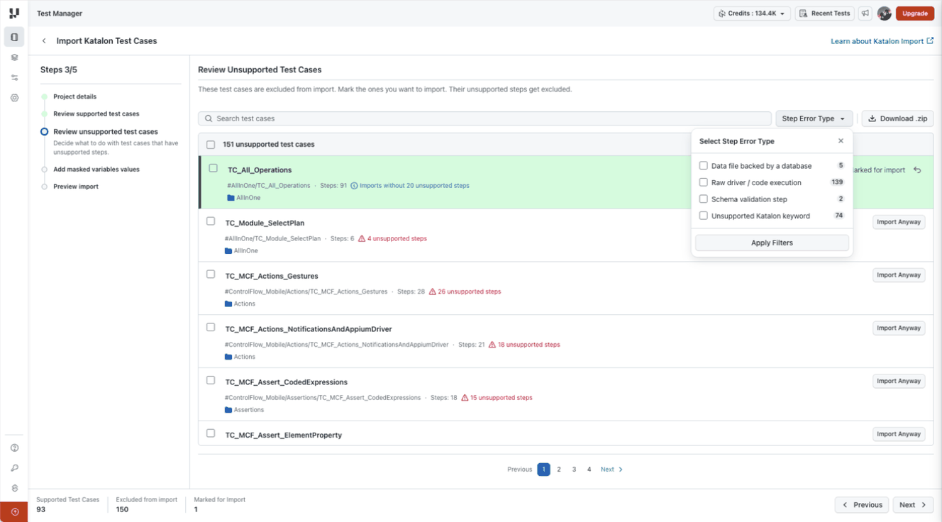 Step Error Type filter showing database-backed data, raw driver or code execution, schema validation, and unsupported keywords