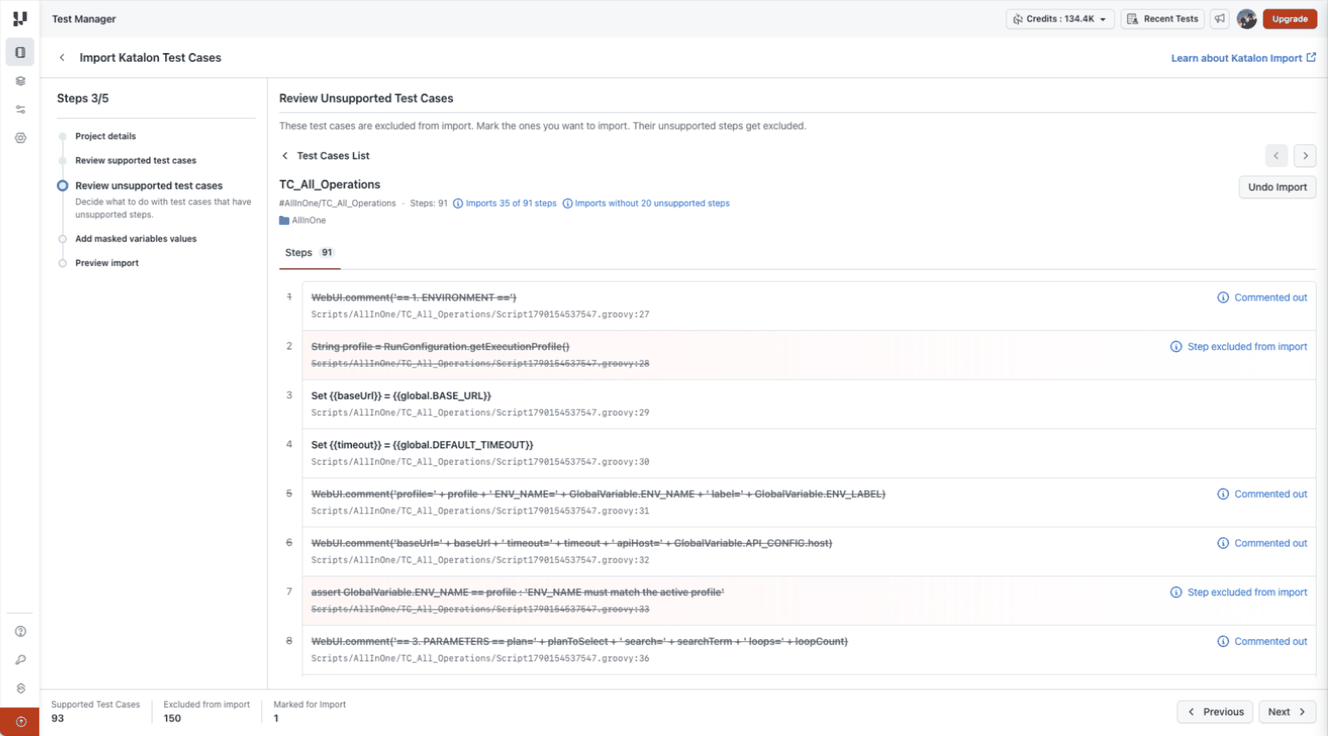 Unsupported test case detail identifying steps excluded from import and the Undo Import action