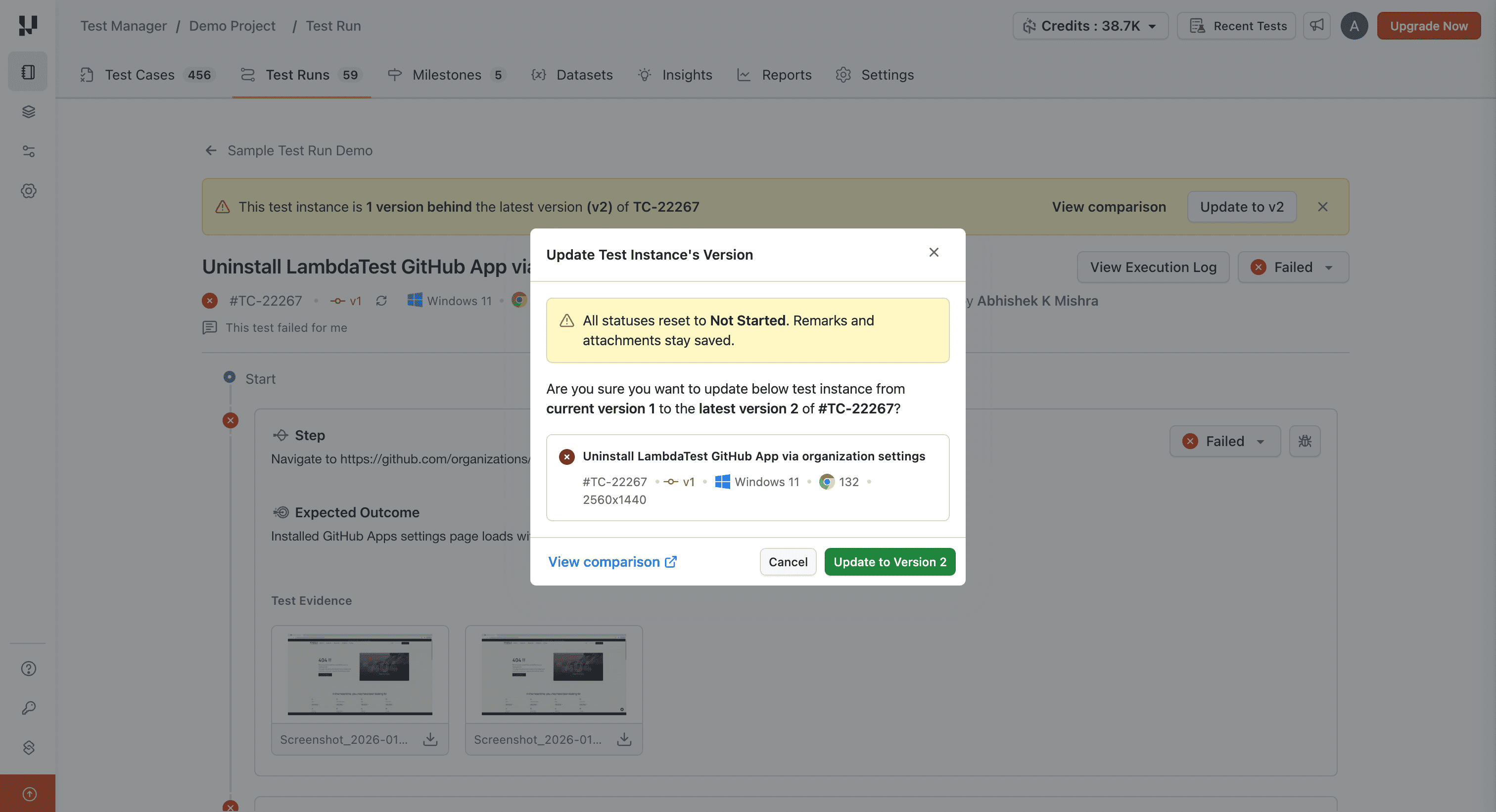 Confirmation modal for updating test instance version