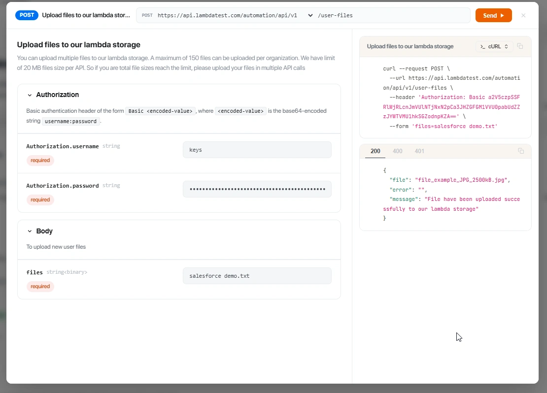 TestMu AI user-files request panel with username and access key authorization, a file added to the body, and a 200 upload-success response