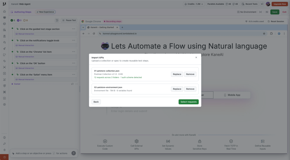 Import APIs dialog showing a Postman collection and an optional environment file