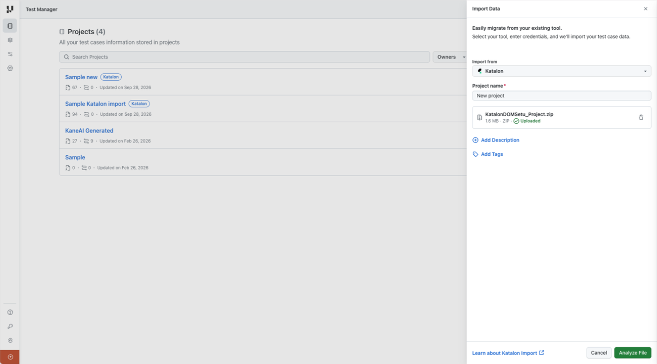 Uploaded Katalon project ZIP with project details and the Analyze File button