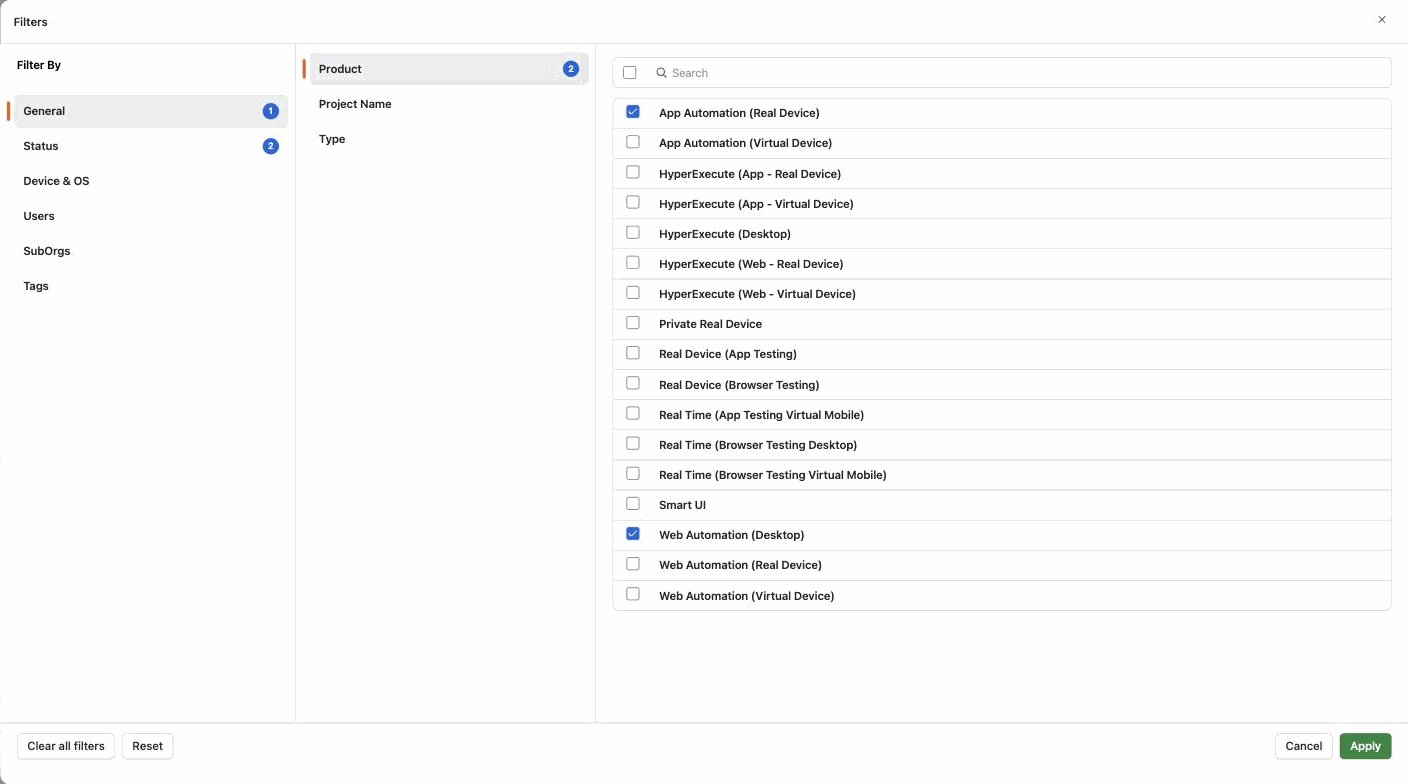 Usage Report Filters panel