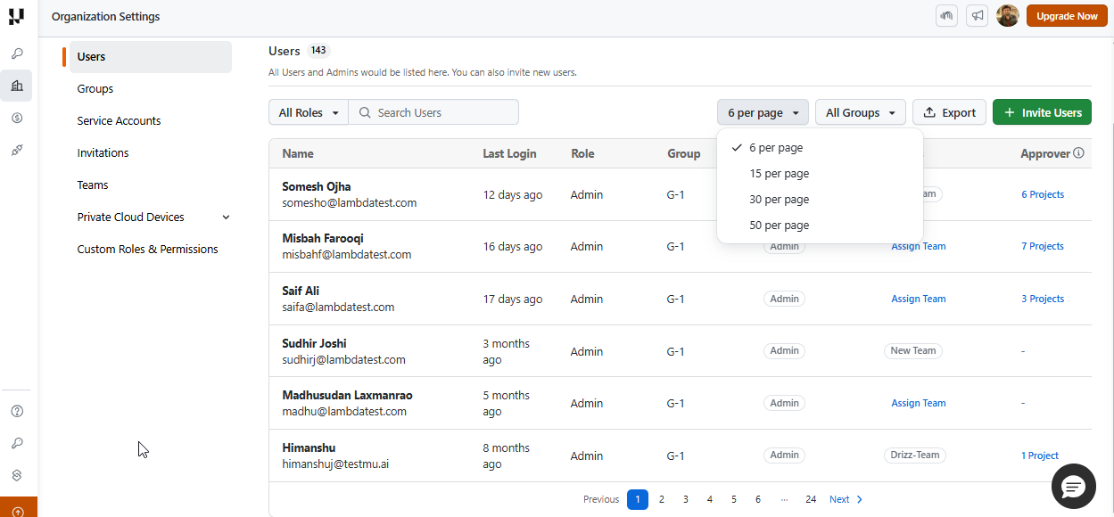 Users per page dropdown