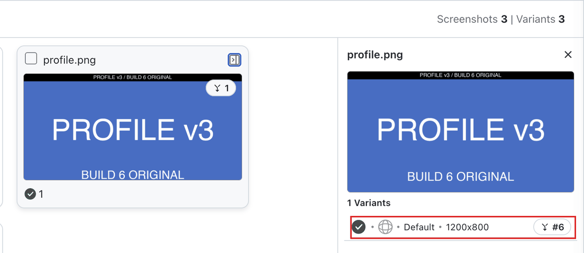 Screenshot info drawer with the variant row highlighted, showing the browser, resolution, and the merge tag naming build number 6