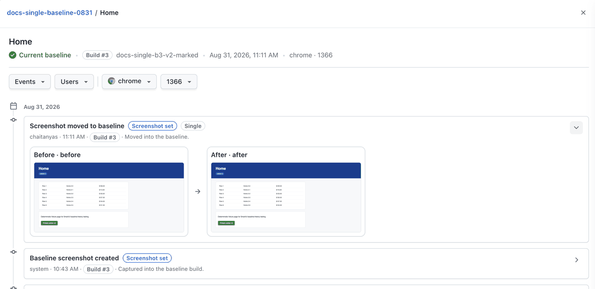 Baseline History timeline for the Home screenshot on chrome at 1366, listing a screenshot moved to baseline event above baseline screenshot created and removed from baseline entries