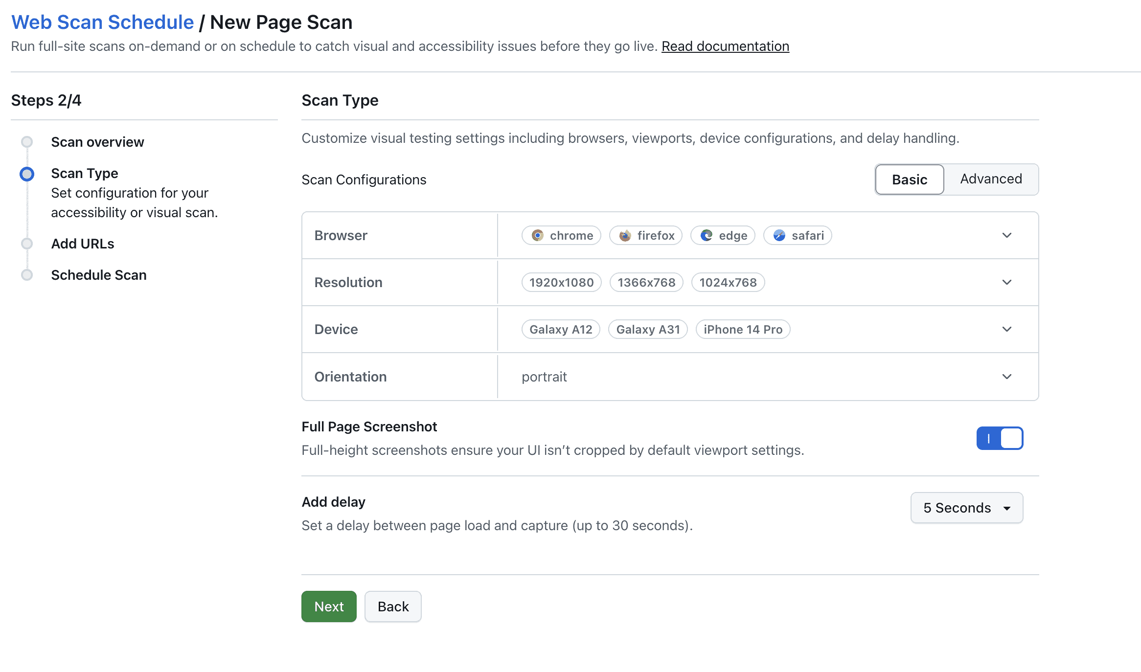 Visual Scan Default Settings